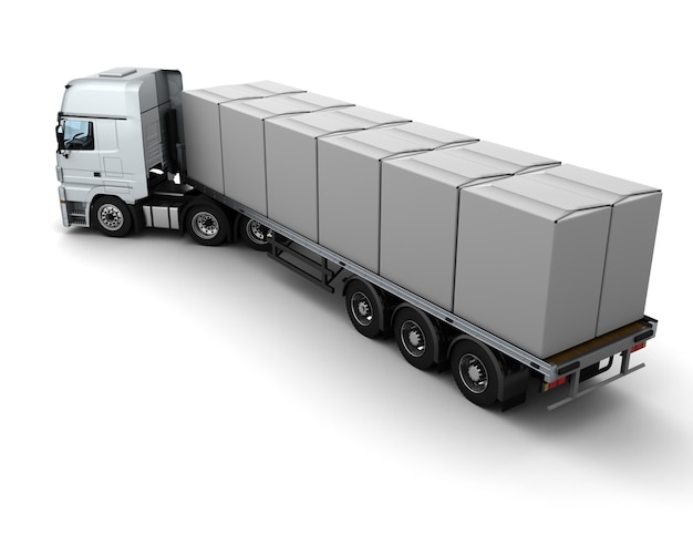 Render 3d de un camion de mercancía pesada transportando cajas blancas