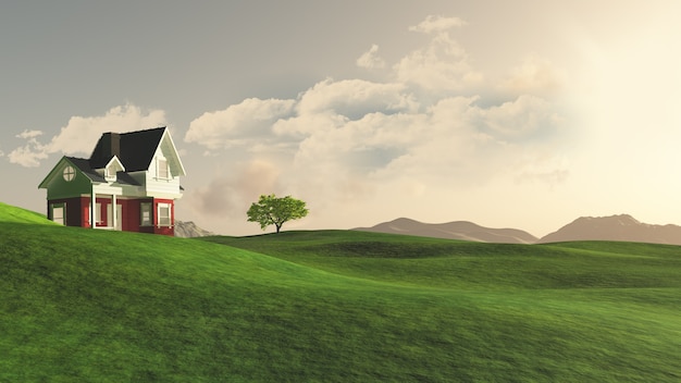 Render 3D de una casa en el campo