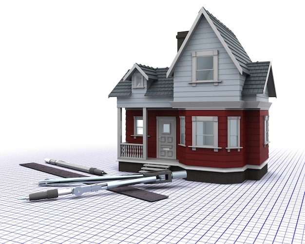 Foto gratuita render 3d de una casa de madera con instrumentos de dibujo
