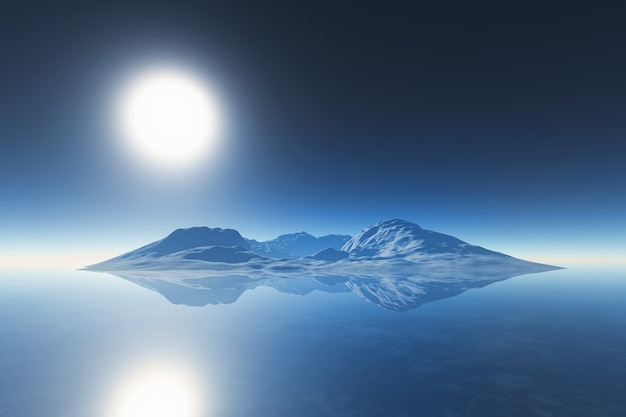 Render 3D de una cordillera reflejada en el océano