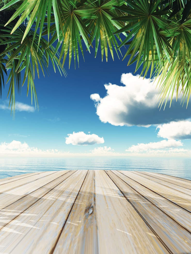 Photo Gratis render 3d dari meja kayu yang menghadap ke laut tropis