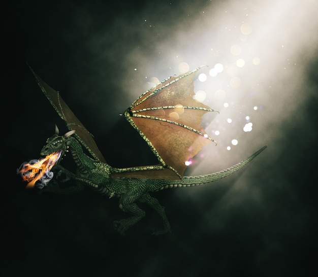 Render 3d de un dragón de fantasía respirando fuego