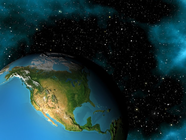 Render 3D de una escena espacial con la Tierra en el cielo estrellado