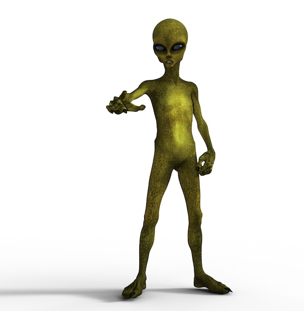 Render 3D de una figura alienígena con la mano apuntando
