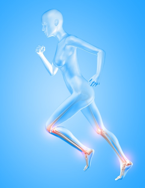 Render 3D de una figura femenina corriendo con los huesos de la rodilla y el tobillo resaltados