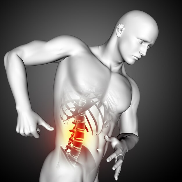 Render 3D de una figura médica masculina con vista lateral de cerca de la columna vertebral