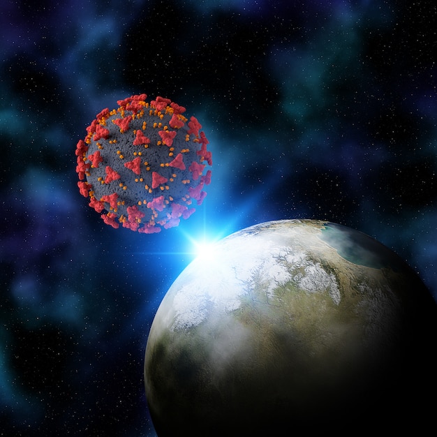 Render 3D de un fondo espacial ficticio con la célula del virus Tierra y Coronal