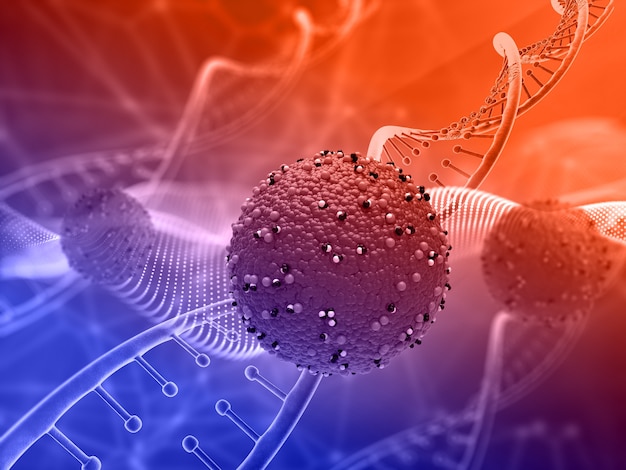 Render 3D de un fondo médico con células de virus abstractas y hebras de ADN