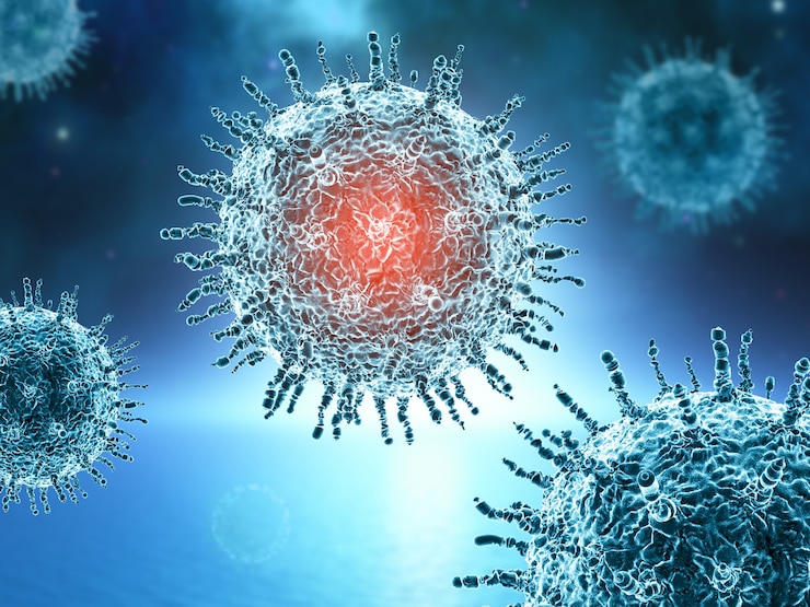 Foto gratuito render 3d de un fondo médico con células de virus