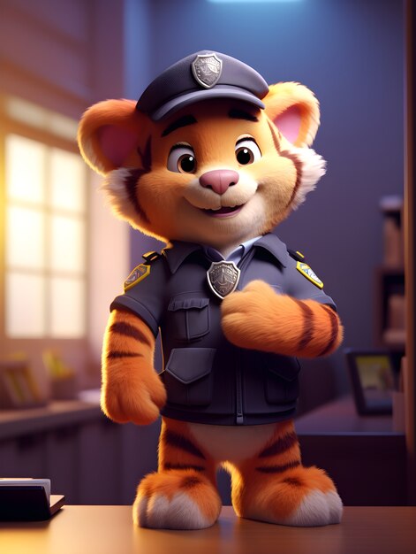 Render 3D harimau kartun sebagai petugas polisi
