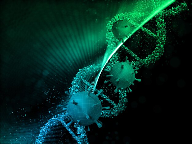 Render 3D de un historial médico con células de baja poli virus y hebra de ADN de partículas