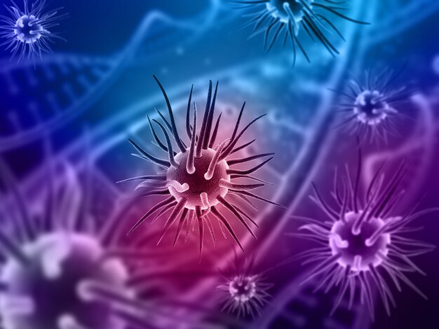 Render 3D de un historial médico con células de virus abstractas y hebras de ADN