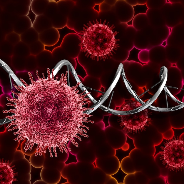 Render 3D de un historial médico con células de virus y hebra de ADN