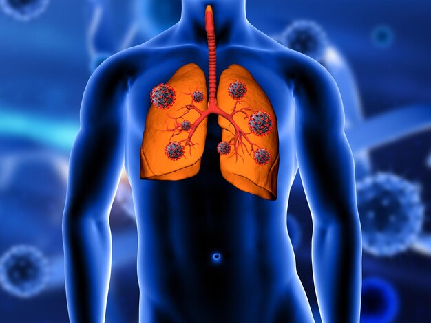 Render 3D de un historial médico con cerca de pulmones siendo atacados por células del virus Covid 19