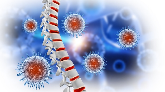 Render 3D de un historial médico con columna vertebral y células de virus abstractas