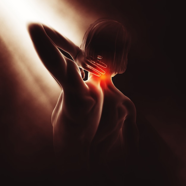 Render 3D de una ilustración médica con mujer sosteniendo el cuello con dolor