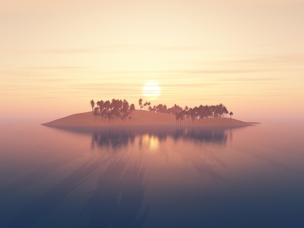 Render 3D de una isla de palmeras en el océano contra un cielo al atardecer