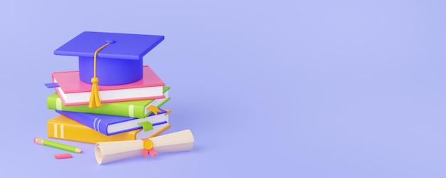 Render 3D de libros de tapa de graduación y diploma
