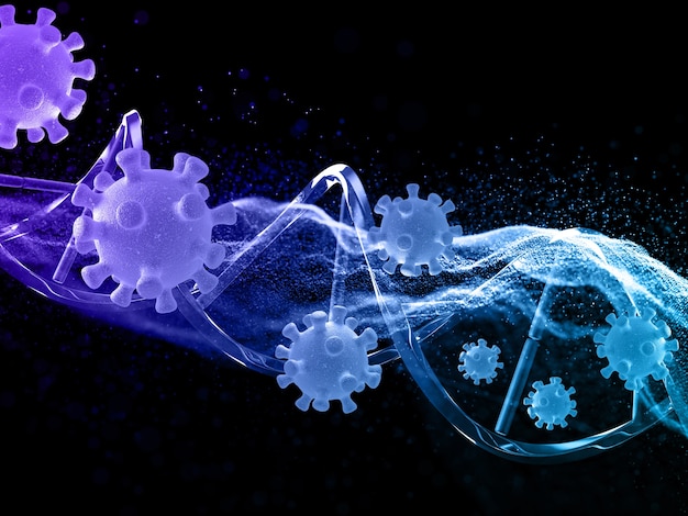 Render 3D de un médico con partículas que fluyen, células de virus y cadena de ADN