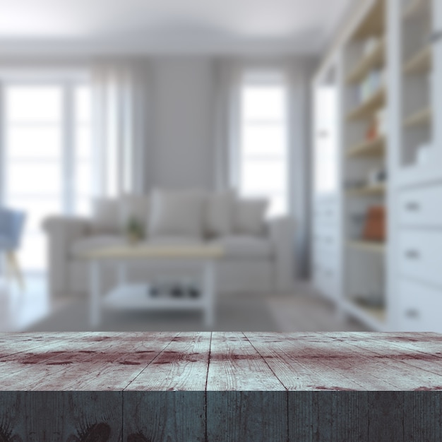 Foto gratuita render 3d de una mesa de madera con vistas a un interior de salón desenfocado