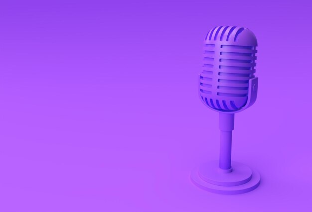 Render 3D Micrófono retro en pata corta y soporte, plantilla de modelo de premio de música, karaoke, radio y equipo de sonido de estudio de grabación.