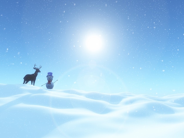Foto gratuita render 3d de un muñeco de nieve y ciervos en un paisaje de invierno de navidad