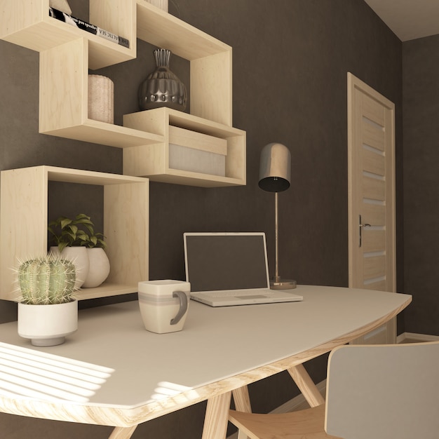 Render 3D de una oficina en casa moderna