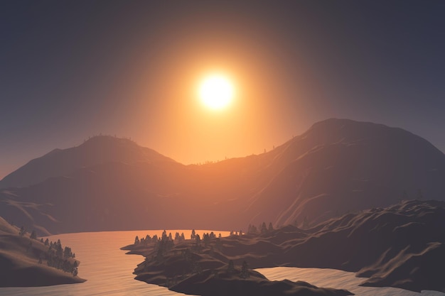 Render 3D de un paisaje al atardecer con montañas, calles y lago