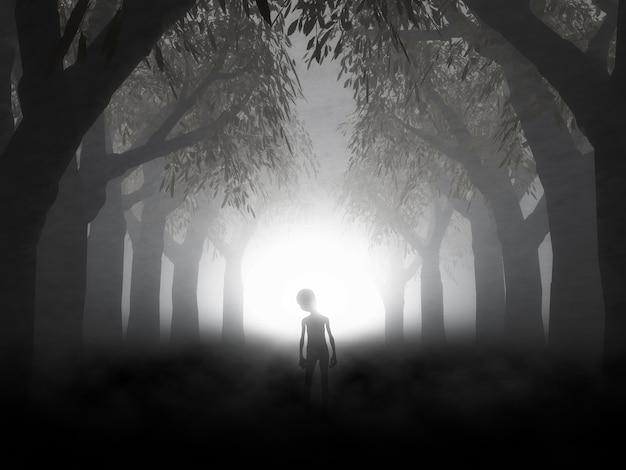 Foto gratuita render 3d de un paisaje espeluznante con alienígena en bosque neblinoso