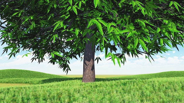 Render 3D de un paisaje con un gran árbol en una pradera cubierta de hierba