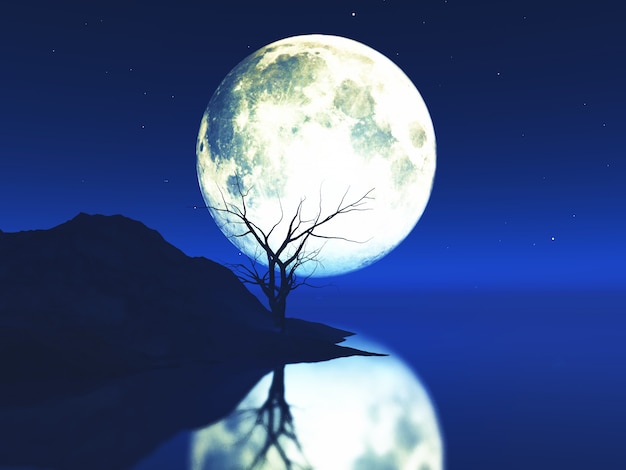 Render 3D de un paisaje iluminado por la luna con un viejo árbol retorcido