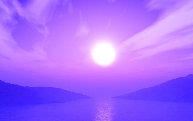 Render 3D de un paisaje marino al atardecer con tono púrpura
