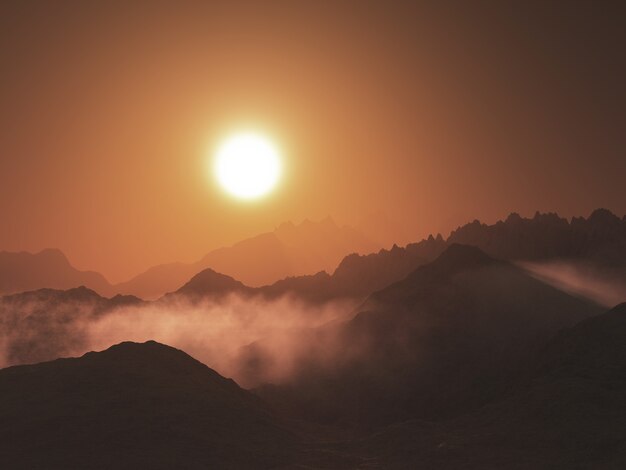 Render 3D de un paisaje de montaña con nubes bajas contra un cielo al atardecer