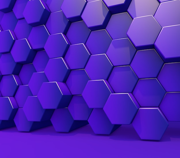 Render 3D de una pared de formas hexagonales de extrusión de color púrpura brillante