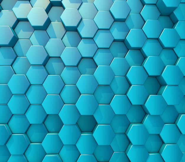 Render 3D de un resumen con pared de extrusión de hexágonos