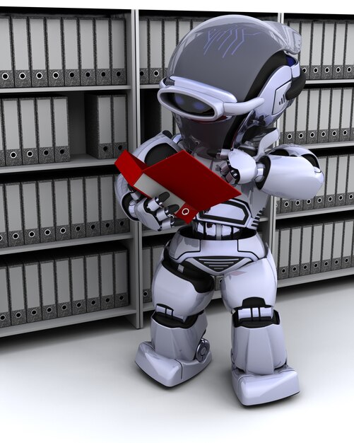 Render 3d de un robot archivando dorumentos