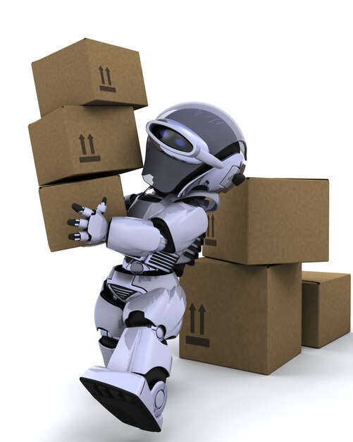 Render 3d de un robot llevando paquetes