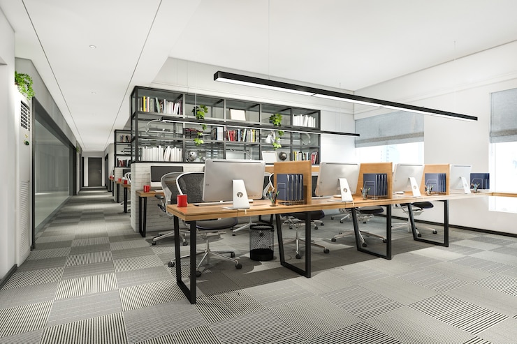Photo Gratis render 3d ruang pertemuan bisnis dan ruang kerja di gedung perkantoran