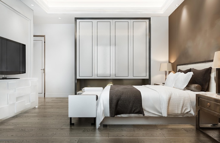Photo Gratis render 3d suite kamar tidur mewah yang indah di hotel dengan tv
