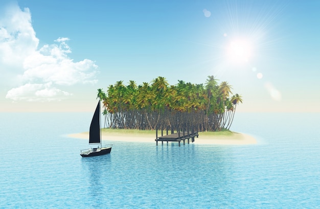 Foto gratuita render 3d de un yate en frente de una isla tropical