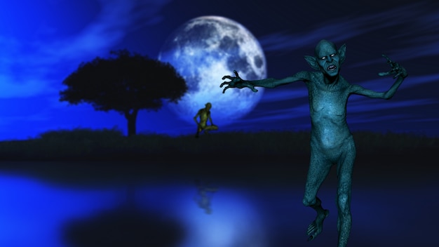 Render 3D de un zombi con el árbol recortado contra un cielo iluminado por la luna