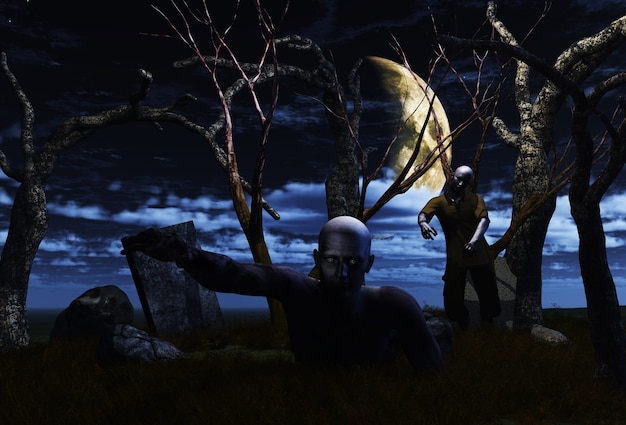 Render 3D de zombies en un paisaje embrujado