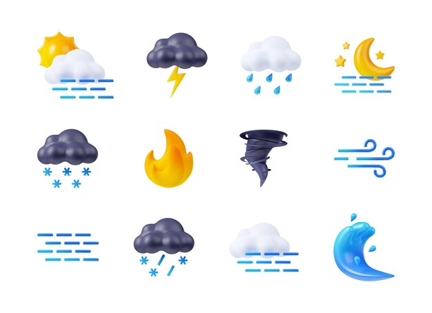 Render iconos meteorológicos sol nubes niebla y nieve