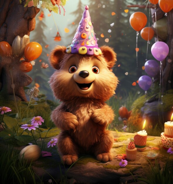 Rendering en 3D de un oso del bosque celebrando.