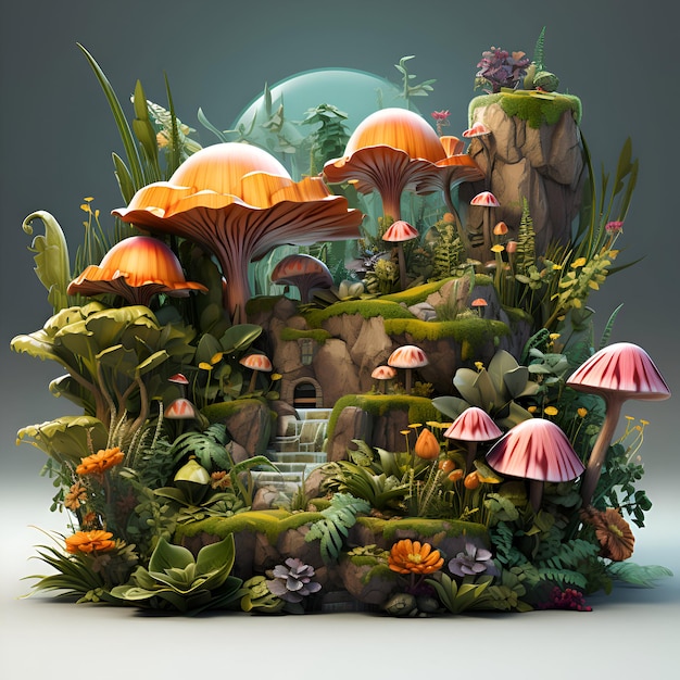 Foto gratuita rendering 3d de paisaje de fantasía de fantasía con setas y plantas de fantasía