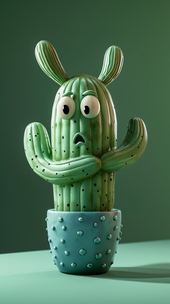 Renderización en 3D de una caricatura de cactus con una cara amistosa