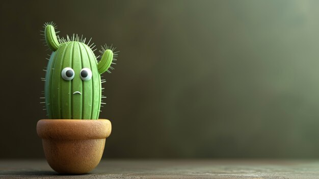 Renderización en 3D de una caricatura de cactus con una cara amistosa