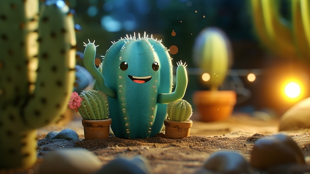 Foto gratuita renderización en 3d de una caricatura de cactus con una cara amistosa