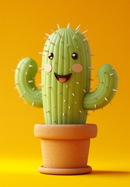 Renderización en 3D de una caricatura de cactus con una cara amistosa