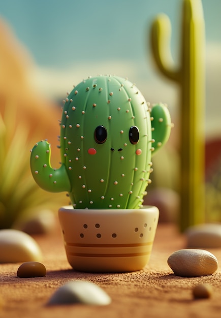 Renderización en 3D de una caricatura de cactus con una cara amistosa